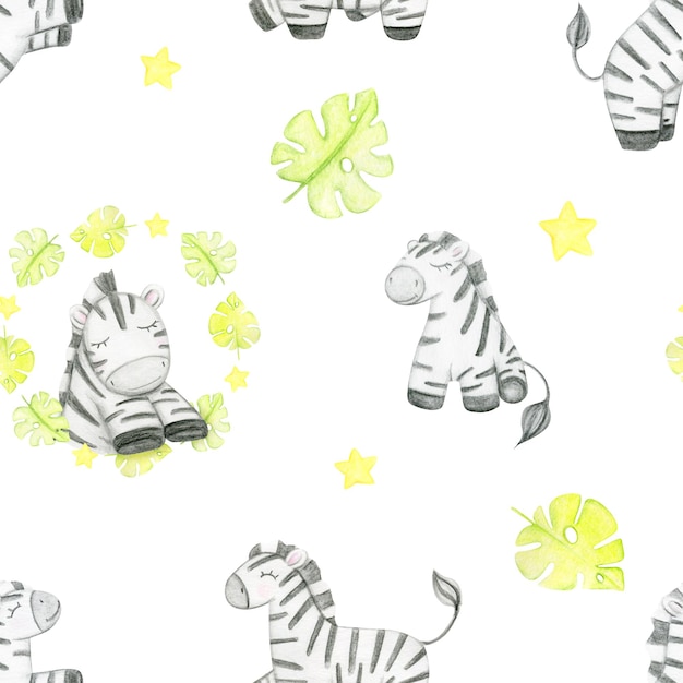 Akwarela Ręcznie Rysowane Bezszwowe Wzór Z Cute Zebra Safari