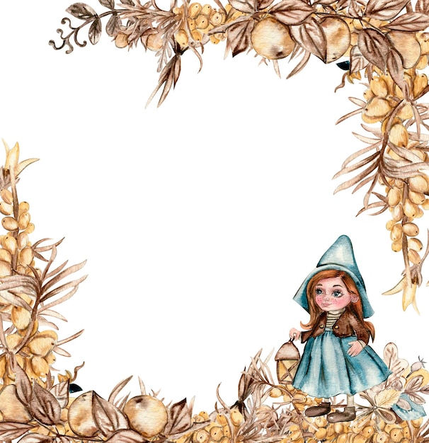 Akwarela ręcznie rysowane jesień kwadratowa rama z rokitnikiem Ilustracja jesieni