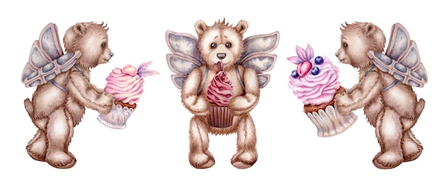 Akwarela ręcznie rysowane misie - anioł z różowym sercem babeczki