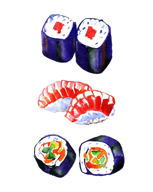 Akwarela ręcznie rysowane pietruszka krewetki sushi kawior