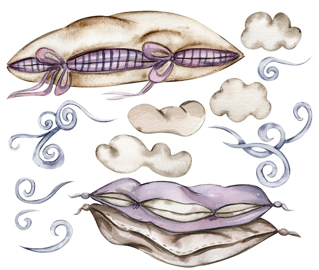 Zdjęcie akwarela ręcznie rysowane słodkie białe chmury i miękkie poduszki ilustracja dla dziecka