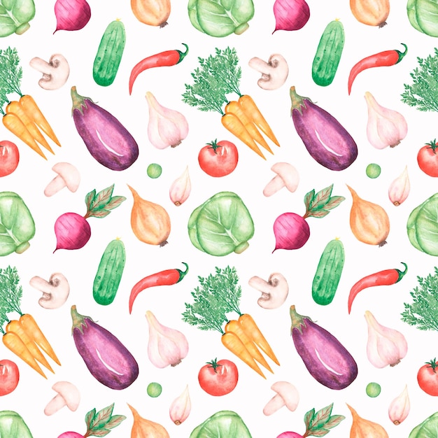 Akwarela ręcznie rysowany bezszwowy wzór z warzywami Fresh Food powtarzaj papier Pomidor marchew cebula pieczarki papryka chili i ogórek druk tekstylny