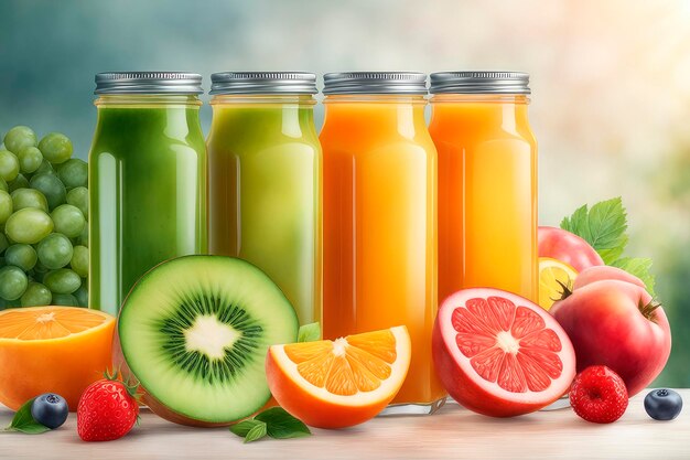 Akwarela różne świeżo wyciśnięte soki owocowe i warzywne oraz ich składniki na stole