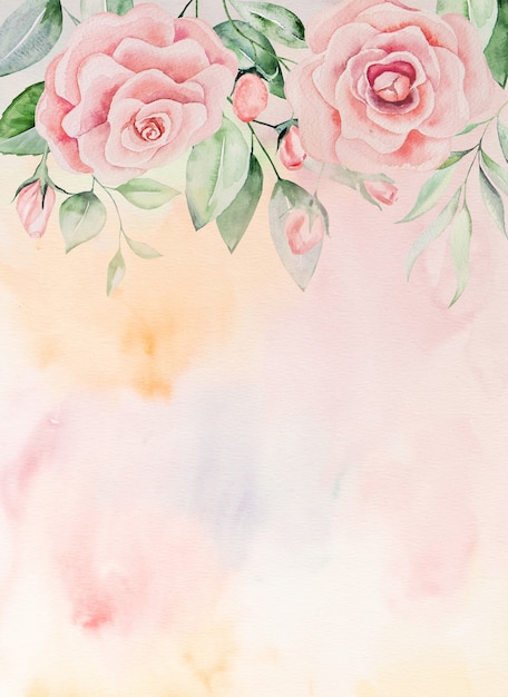 Akwarela różowe kwiaty i zielone liście granicy karty, romantyczna pastelowa ilustracja z tłem akwareli. Do papeterii ślubnej, życzeń, tapet, mody, plakatów