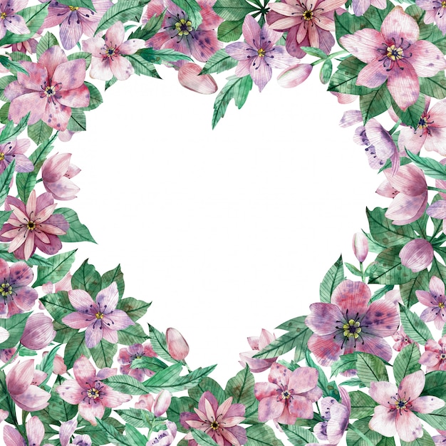 Akwarela Różowe Serce Kwiatowy Rama Z Kwiatami I środkowym Białym Tle