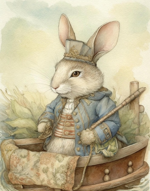 akwarela rysunek króliczka marynarza w stylu vintage na drewnianej łodzi kapitana królika vintage post