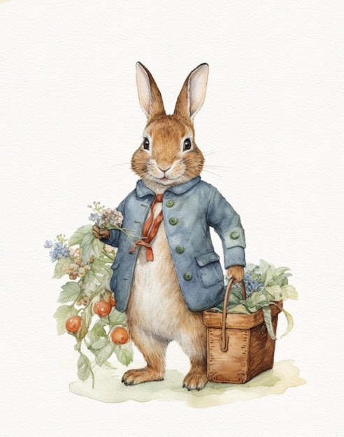 Akwarela rysunek królika w kurtce vintage kreskówka królik