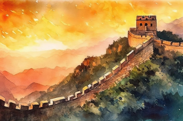 Akwarela rysunek malarstwo zachód słońca Wielkiego Muru Chińskiego