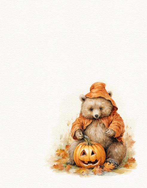 Akwarela rysunek misia w jesiennych ubraniach, jesienna kartka świąteczna