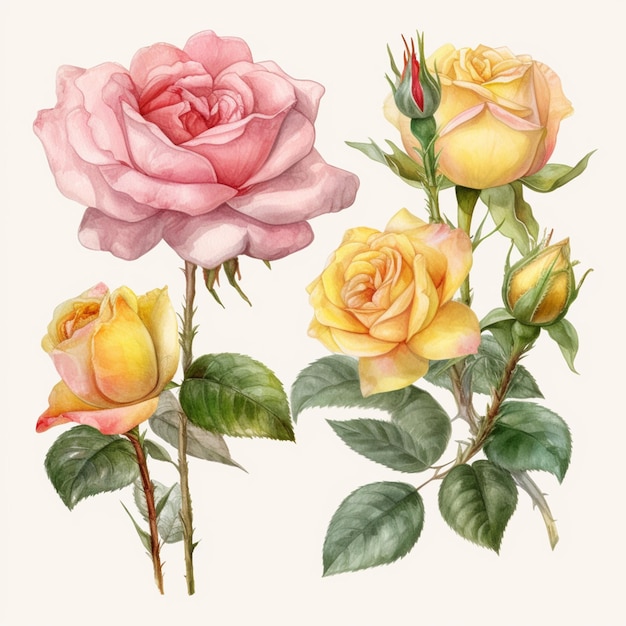 Akwarela rysunek różowych i żółtych róż.