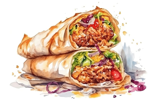 Akwarela Rysunek Shawarma Na Białym Tle Generatywne AI