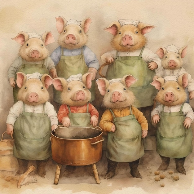 Akwarela, rysunek vintage świnia rodziny w vintage odzież zwierząt gospodarskich