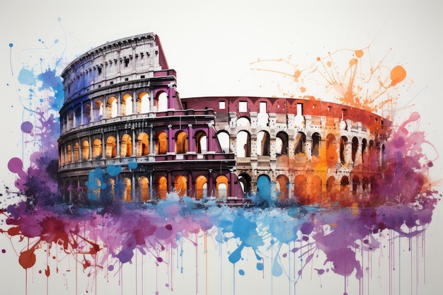 Akwarela rzymskie Koloseum z rozpryskami farby Starożytny rzymski amfiteatr Generative AI