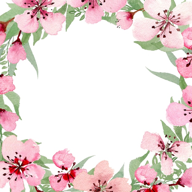 Zdjęcie akwarela sakura kwiaty kwadratowa rama wiosna kwiat wiśni ręcznie malowane ilustracja
