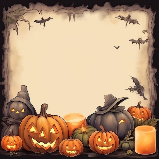 Akwarela śliczna Halloweenowa ramka Kreskówka Halloween wysokiej jakości obraz generowany przez AI