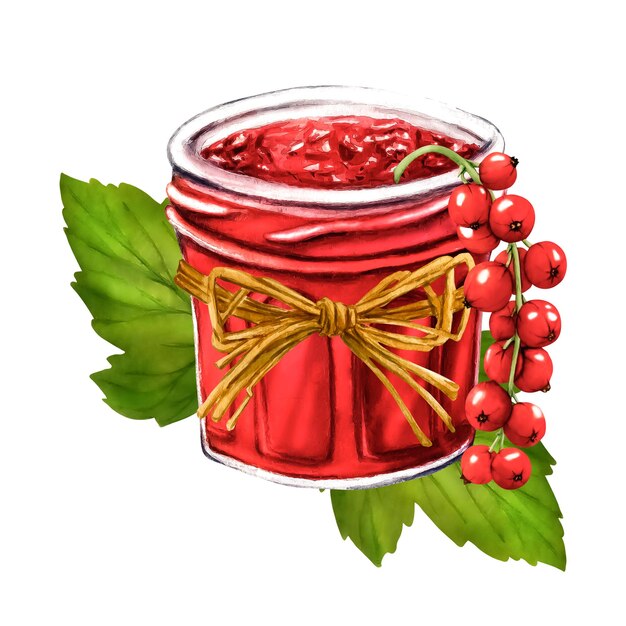 Akwarela słoik z galaretką na białym tle Ręcznie rysowane ilustracja Klipart jagodowe gałęzie i czerwone plamy akwarela