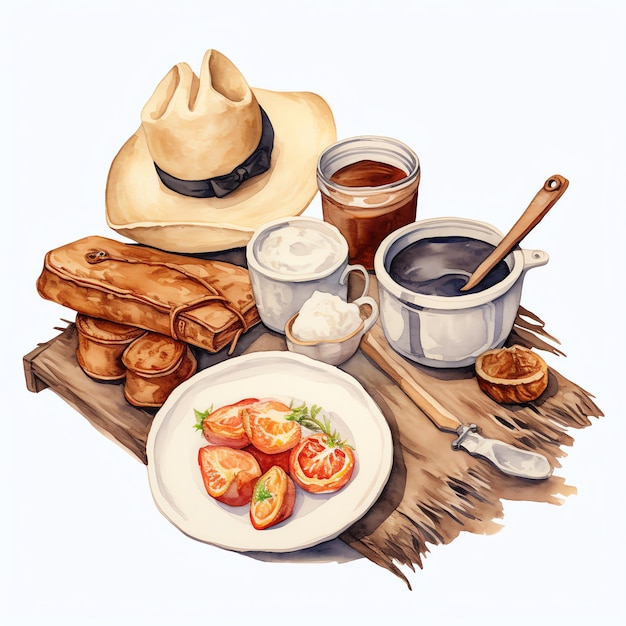 akwarela śniadanie western dziki zachód kowbojska pustynia ilustracja clipart