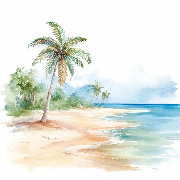 Akwarela spokojnej plaży z palmami i krystalicznie czystą, błękitną wodą