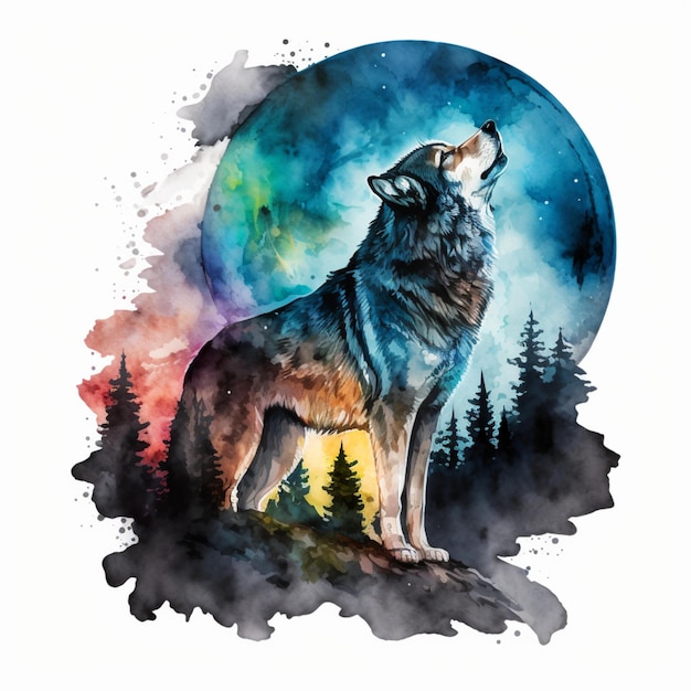 Akwarela streszczenie wilk księżyca