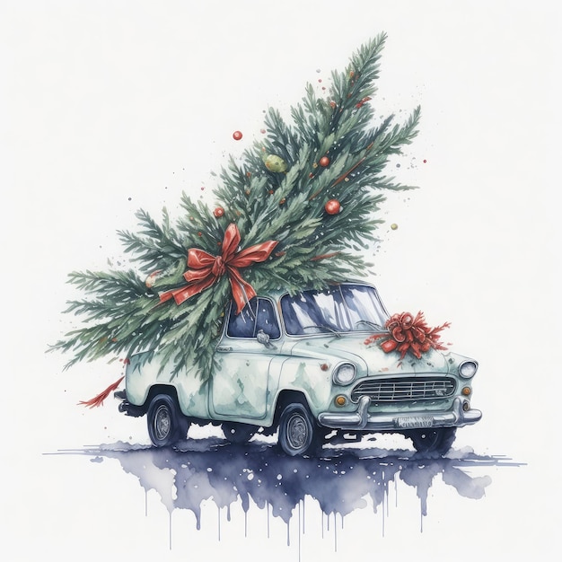 Akwarela świąteczna ilustracja izolowana na białym tle Niebieski samochód niesie Boże Narodzenie