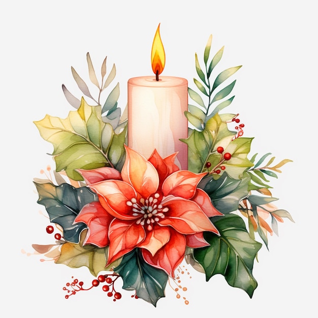 Akwarela Świąteczne świece i kwiaty dekoracja aranżacja ilustracja na Boże Narodzenie