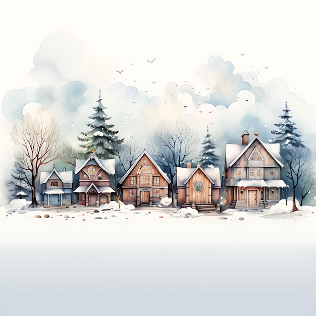 Akwarela świątecznych domów wiejskich Kościół Śnieżny krajobraz Przytulny pastelowy zestaw Kolekcja sztuki Fes