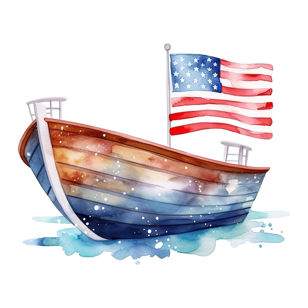 Akwarela szczęśliwy ładny patriotyczny statek z flagą amerykańską drukuj 4 lipca Dzień Niepodległości Usa