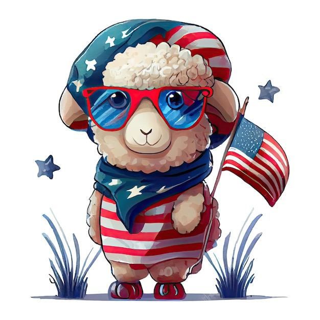 Zdjęcie akwarela szczęśliwy słodkie patriotyczne owce z amerykańską flagą drukuj 4 lipca dzień niepodległości usa