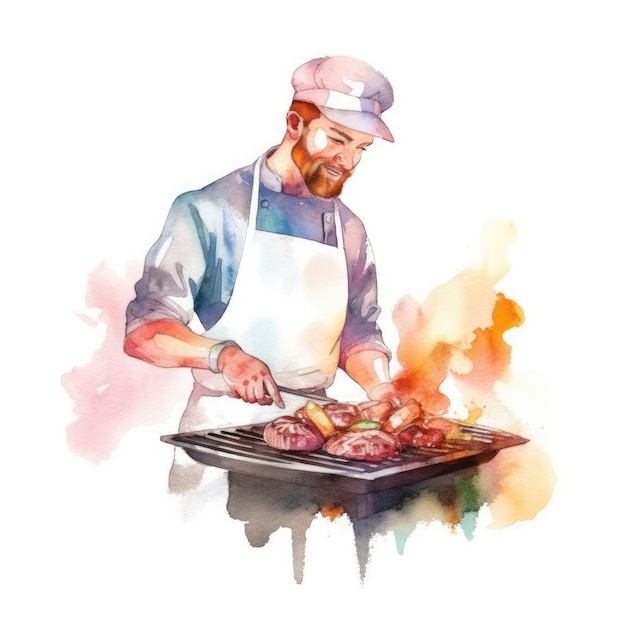 Akwarela szefa kuchni w kapeluszu kucharza przerzucającego steki na grillu