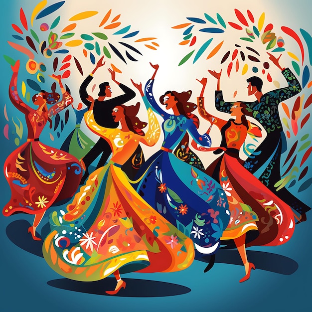 Akwarela sztuki grupowego treningu tańca ludowego w kostiumach wykonawców próbujących kolorów na festiwalu Dongzhi