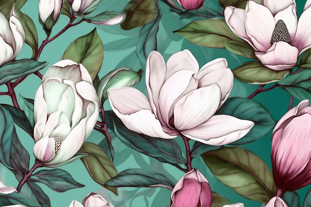 Akwarela tapeta ornament kwiat kwiatowy tło liść bezszwowy wzór dekoracja magnolii Generative AI