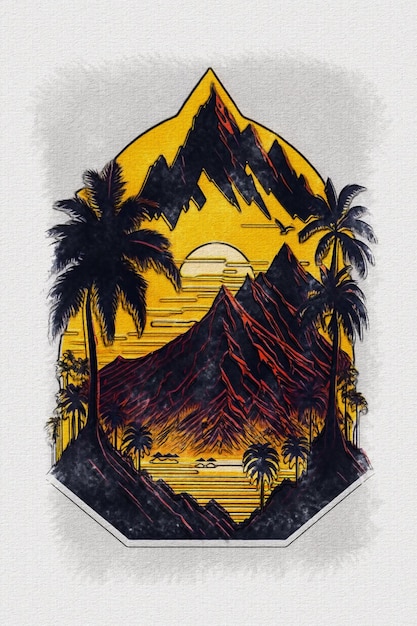 Akwarela tekstury malarstwo zachód słońca góry i palmy ilustracja do projektowania tshirt