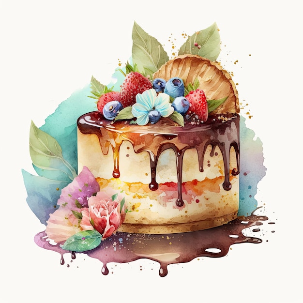 Akwarela Tort Urodzinowy Ilustracja AI Generatywne