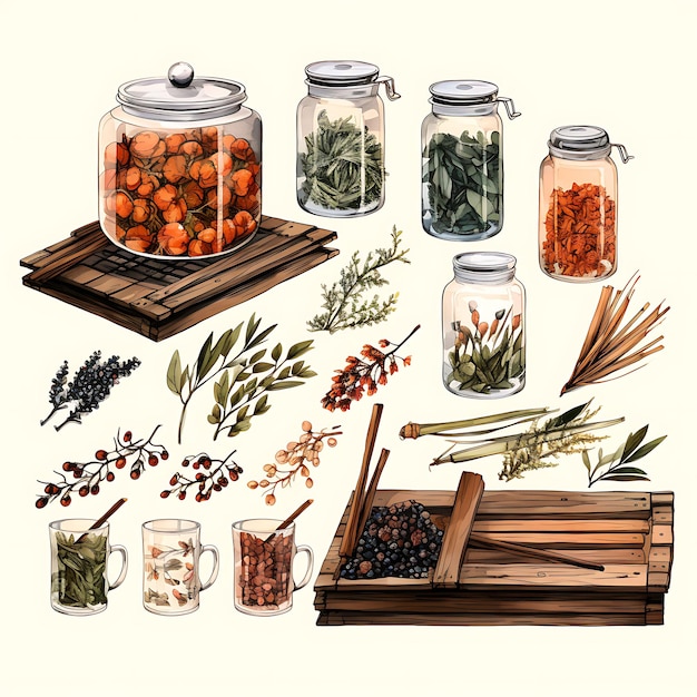 Akwarela tradycyjnej degustacji herbaty ziołowej z różnorodnością herbaty ziołowej Flat 2D Art Digital