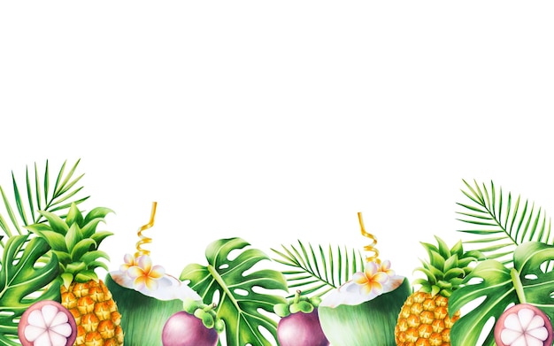 Akwarela tropikalna rama z kokosowym koktajlem mangostanowym ananasem i monsterą i liśćmi palmowymi R