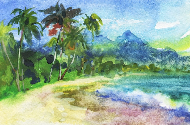 Zdjęcie akwarela tropikalny pejzaż morski. ręcznie rysowane naturalne