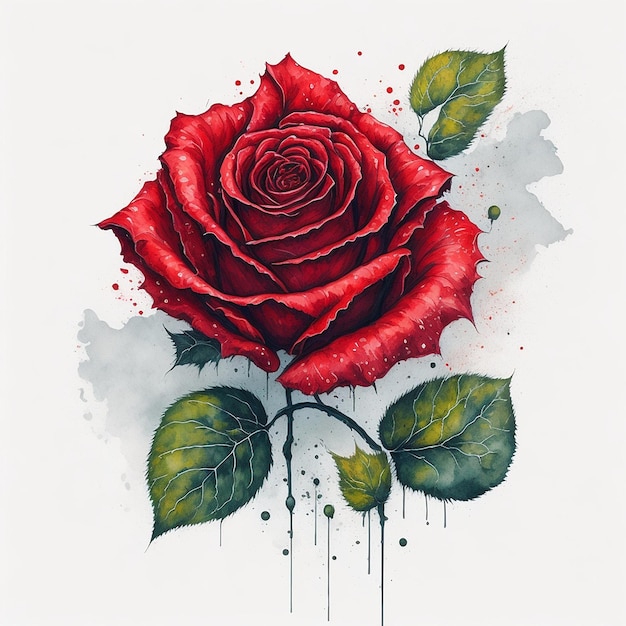akwarela urocza czerwona róża łodyga izolowana na białym tle