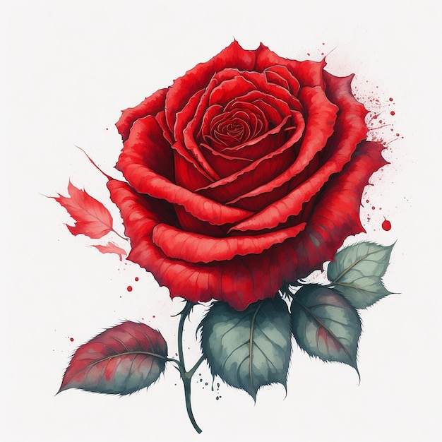 akwarela urocza czerwona róża łodyga izolowana na białym tle