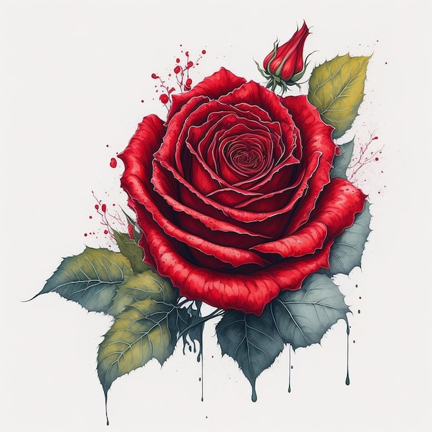 Zdjęcie akwarela urocza czerwona róża łodyga izolowana na białym tle