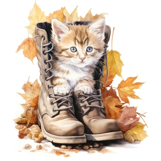Zdjęcie akwarela uroczy kotek siedzący na jesiennych butach generatywna sztuczna inteligencja