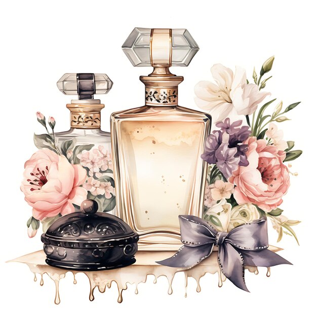 Zdjęcie akwarela vintage inspired wardrobe antique perfume bottles soft ivory kreatywne ręczne rysunki