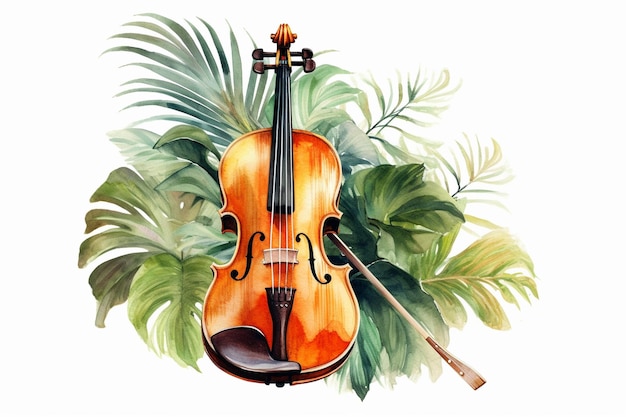 Zdjęcie akwarela vintage skrzypce na białym tle liści palmowych wokół