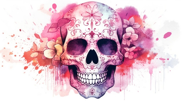 Akwarela w odcieniach jasnego różu przedstawiająca cukrową czaszkę lub meksykańską catrinę Święto Zmarłych