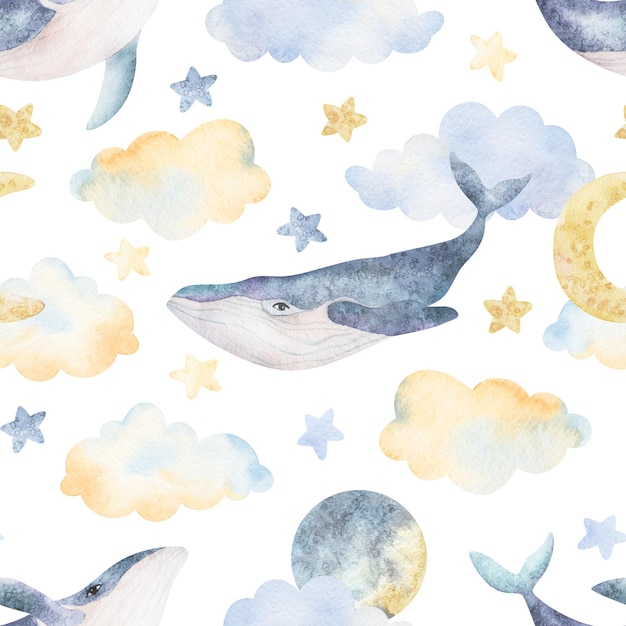 Akwarela wieloryby chmury księżyc gwiazdy bez szwu wzór akwarela ilustracje clipart na tshirt druku nosić projektowanie mody baby shower karty dla dzieci pościel tapety tekstylne