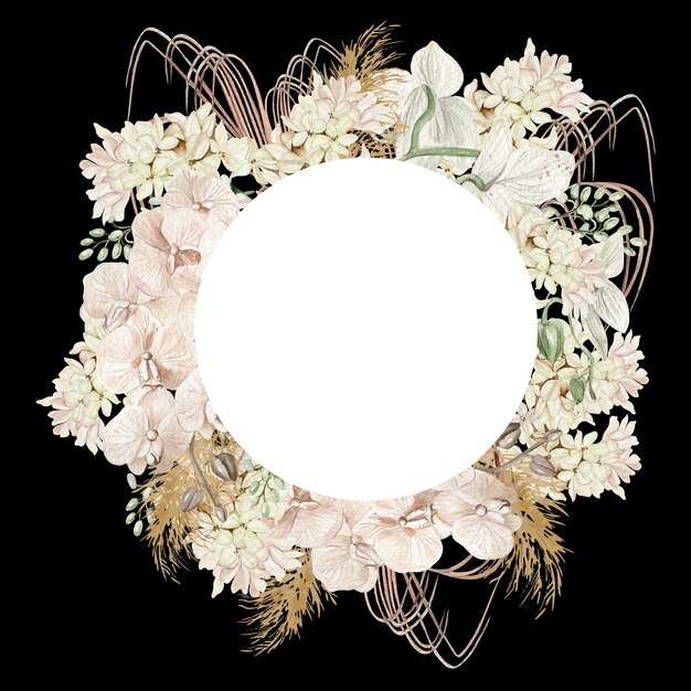 Akwarela wieniec ślubny z kwiatami boho i suszonymi liśćmi ilustracja