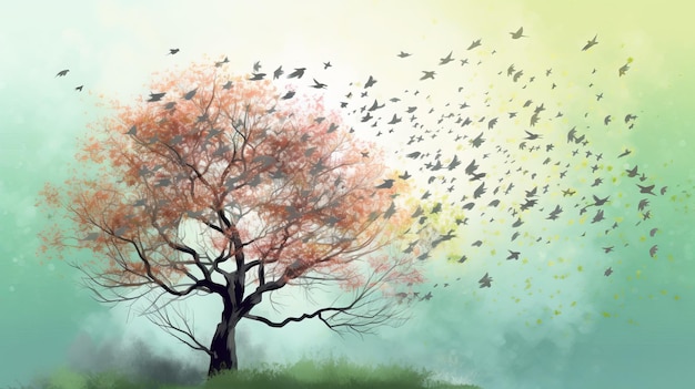 Akwarela wiosenne drzewo z latającymi ptakami