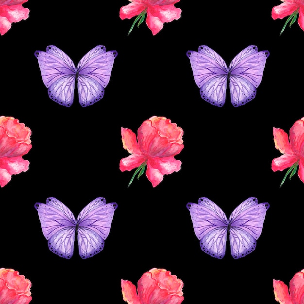 Akwarela wzór bezszwowe kwiat piwonii i motyl na czarnym tle dla tkanin, tekstyliów