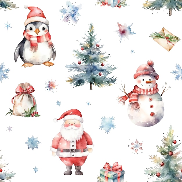 Akwarela wzór świąteczny z bałwanem pingwinem Świętego Mikołaja choinkami i pudełkami prezentów na białym tle Generatywne ai