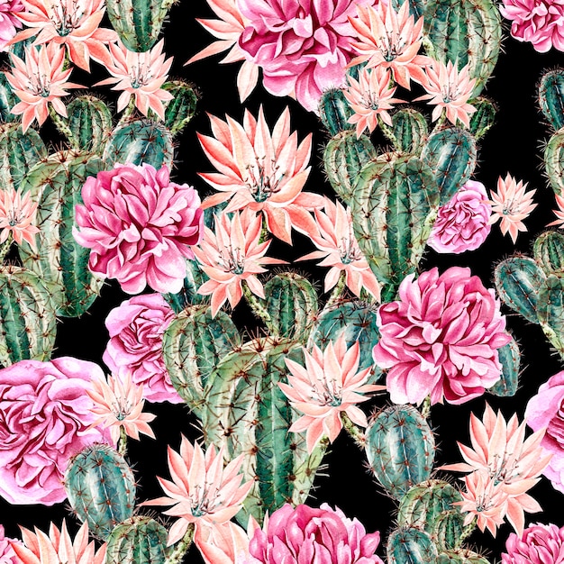 Akwarela Wzór Z Kaktusem I Piwonią. Ilustracja
