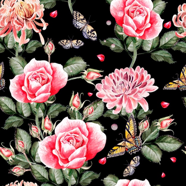 Akwarela wzór z kwiatów róż, pąków, lawendy i ptaka